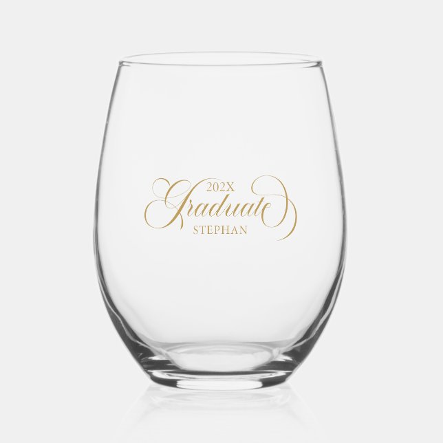 Graduate Elegant Gold Script Typography Stemless Wine Glass (Front)