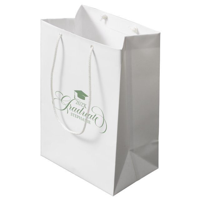Graduate Elegant Sage Green Script Typography Medium Gift Bag (Front Angled)