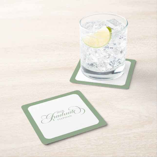 Graduate Elegant Sage Green Script Typography Square Paper Coaster (Insitu)