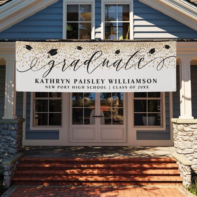 Graduate Elegant Script Gold Confetti Graduation B Banner (Creator Uploaded)