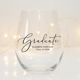 Graduate Elegant Script Graduation Stemless Wine Glass