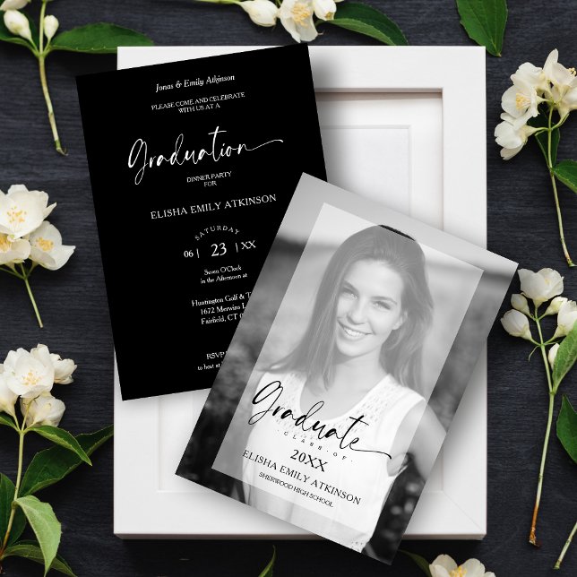 Graduate Elegant Vellum Effect Black & White Photo Invitation (Creator Uploaded)