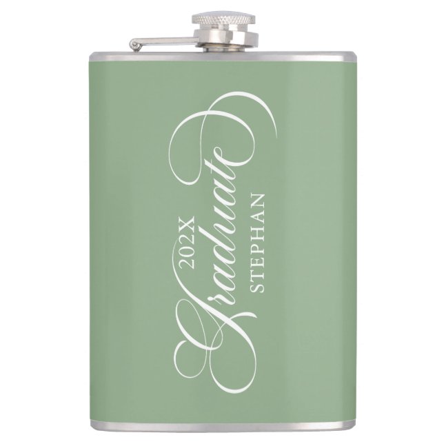 Graduate Elegant White On Green Script Typography Hip Flask (Front)