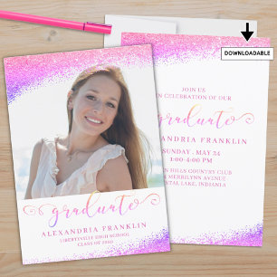 Graduate Fancy Script Pink Faux Glitter Photo Invitation