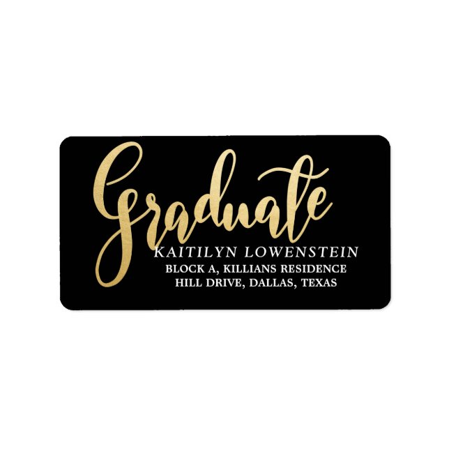 Graduate Faux Gold Foil Handwritten Script Black Label (Front)