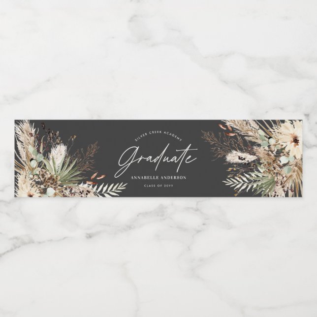 Graduate favour pampas eucalyptus black modern water bottle label (Single Label)