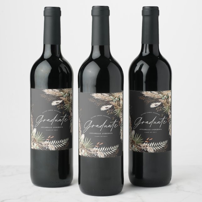 Graduate favour pampas eucalyptus floral black wine label (Bottles)