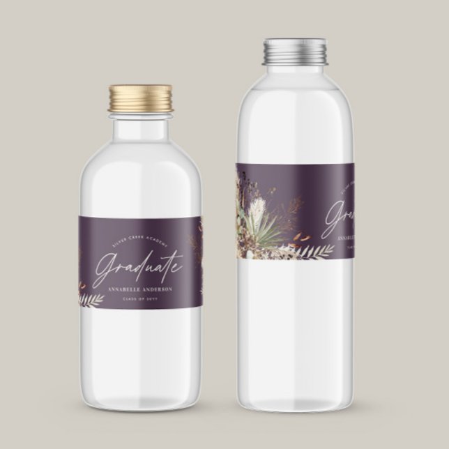 Graduate favour pampas eucalyptus purple modern water bottle label (Creator Uploaded)