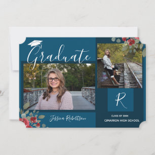Graduate Flowers and Squares Script Blue Announcement