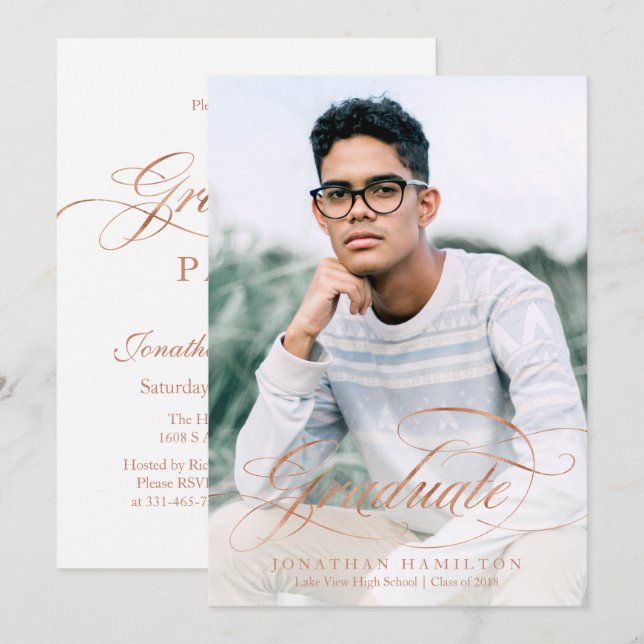 Graduate Foil Rose Gold Elegant Script Grad Party Invitation (Front/Back)