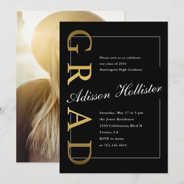 Graduate Formal Gold Black Photo Graduation Party Invitation (Front/Back)