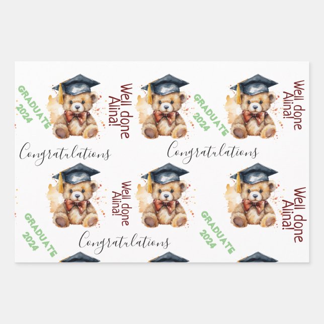 graduate gift grads party cute bear wrapping paper sheet (Front)