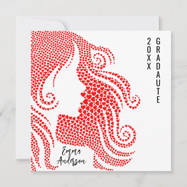 Graduate Girl's Silhouette in Red Hearts  Card (Front)