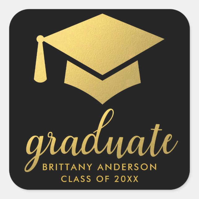 Graduate Gold and Black Square Sticker (Front)