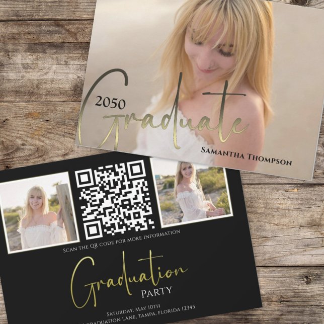 Graduate Gold Black Calligraphy Photo QR Code Invitation (Graduation photo collage graduate typography invitation announcement. )