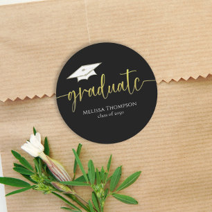 Graduate Gold Black Simple Graduation Cap  Classic Round Sticker