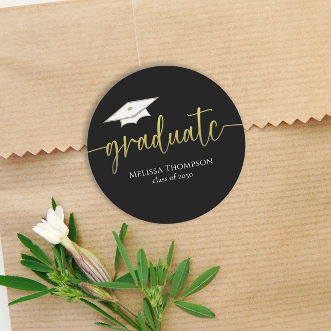 Graduate Gold Black Simple Graduation Cap  Classic Round Sticker (Creator Uploaded)