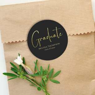 Graduate Gold Black Simple Minimalist Grad Classic Round Sticker