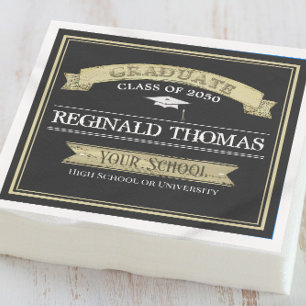 Graduate Gold Black Vintage Banner Mortarboard Napkin