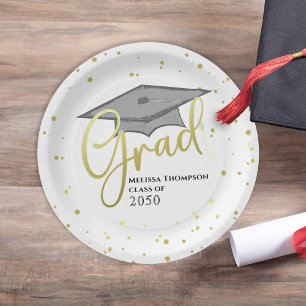 Graduate Gold Calligraphy Graduation Grad Cap Paper Plate