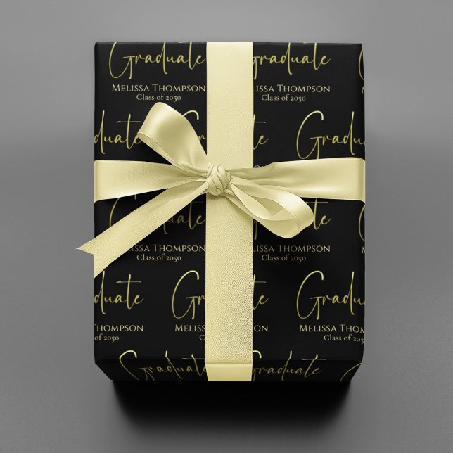 Graduate Gold Calligraphy Script Modern Minimalist Wrapping Paper (Modern gold calligraphy “Graduate” script on black minimalist graduation gift wrap design.)
