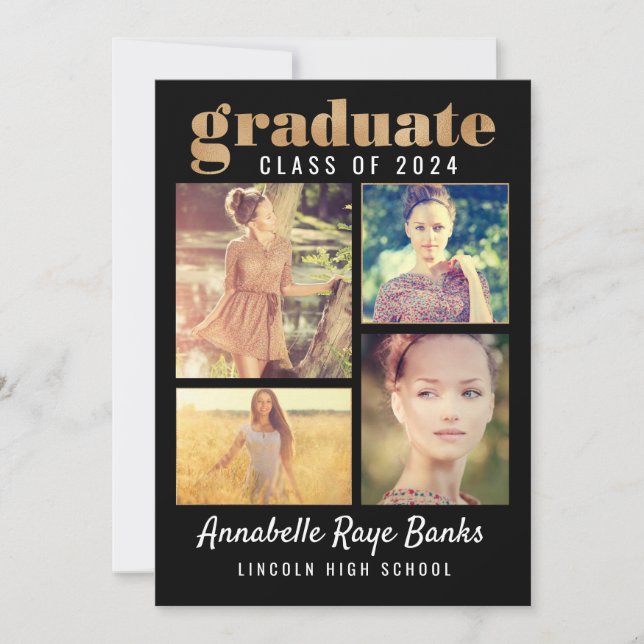 Graduate Gold Class of 2024 Collage Black Invitation (Front)