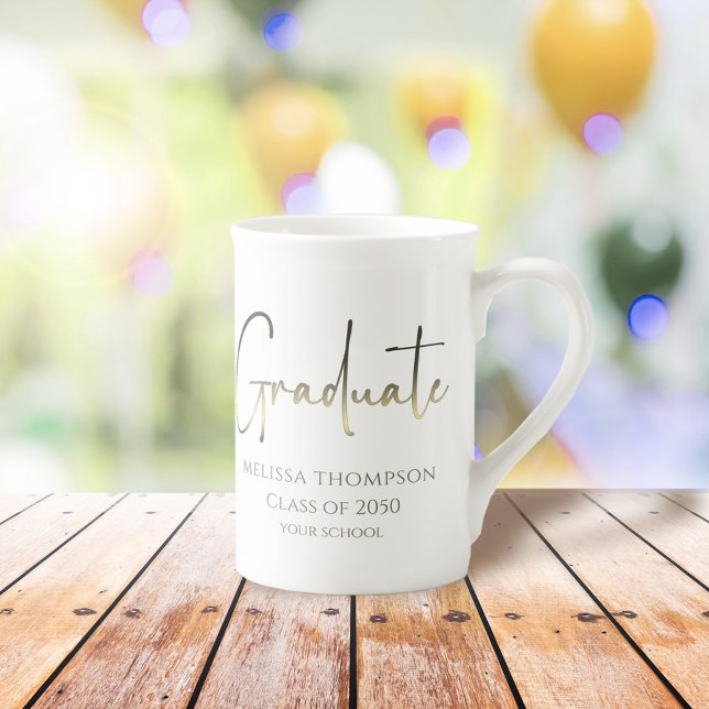 Graduate Gold Confetti Modern Calligraphy Script P Bone China Mug (Creator Uploaded)