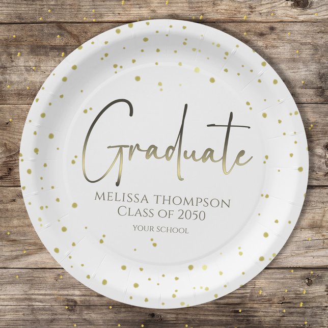 Graduate Gold Confetti Modern Calligraphy Script Paper Plate (Gold confetti graduation plates with modern calligraphy for Class of celebrations.)