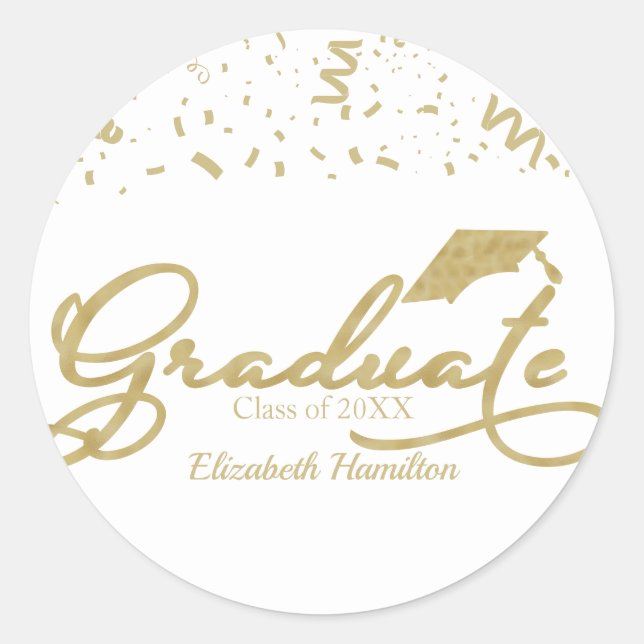 Graduate Gold Foil Graduation Party Black Classic  Classic Round Sticker (Front)