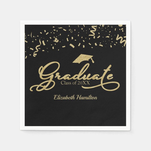 Graduate Gold Foil Graduation Party Black Napkin (Front)
