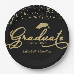 Graduate Gold Foil Graduation Party Black Paper Plate