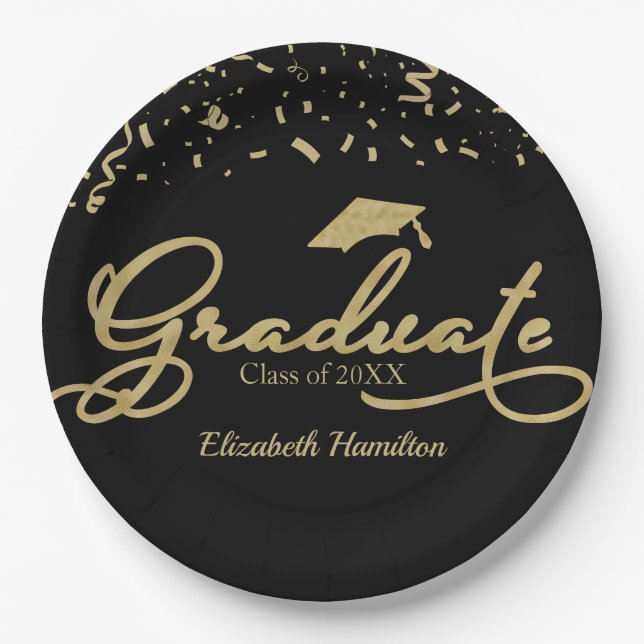 Graduate Gold Foil Graduation Party Black Paper Plate (Front)