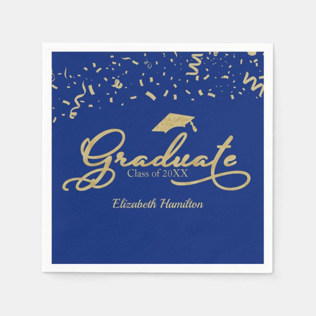 Graduate Gold Foil Graduation Party Blue Napkin (Front)