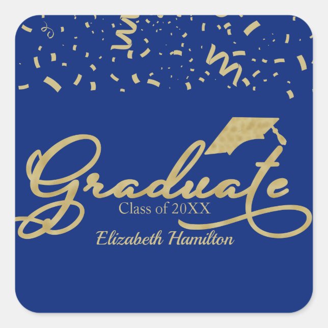 Graduate Gold Foil Graduation Party Blue Square Sticker (Front)