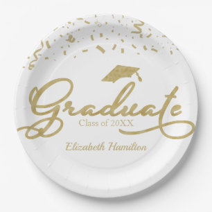 Graduate Gold Foil Graduation Party White Paper Plate