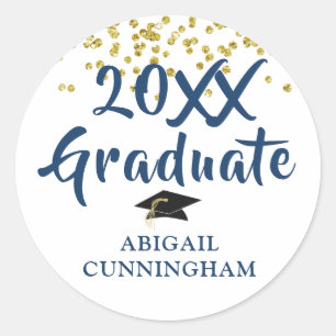 Graduate Gold Glitter Confetti Brush Script Blue Classic Round Sticker