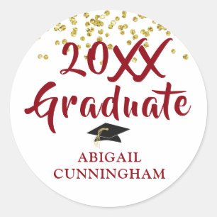 Graduate Gold Glitter Confetti Brush Script Red Classic Round Sticker
