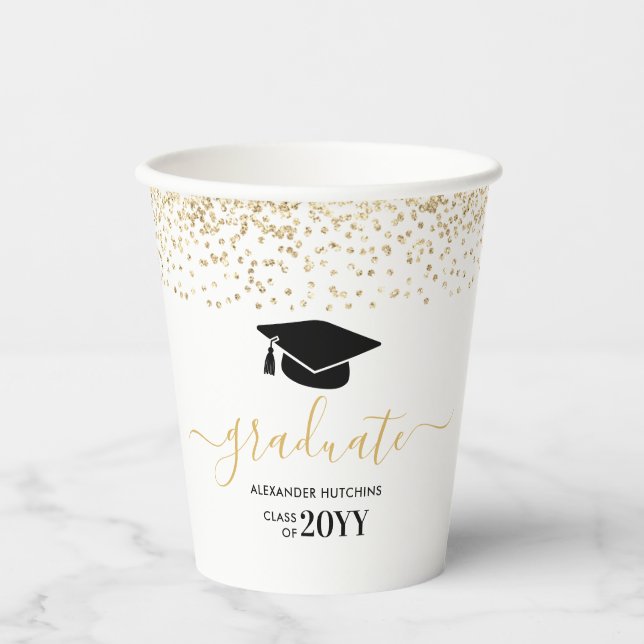Graduate Gold Glitter Confetti Graduation Party Paper Cups (Front)