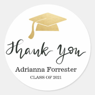 Graduate Gold Grad Hat Thank You Script Classic Round Sticker