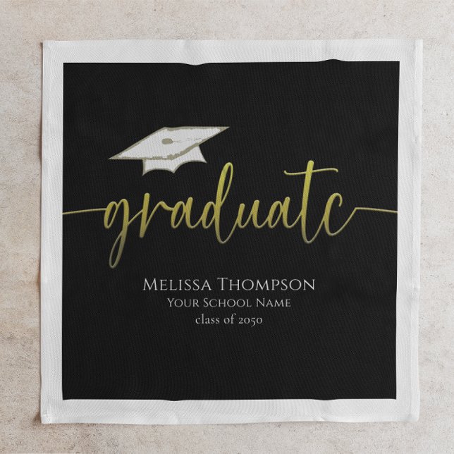 Graduate Gold Graduation Cap Modern Class of Napkin (Modern gold graduate napkin with graduation cap icon and custom Class of details.)