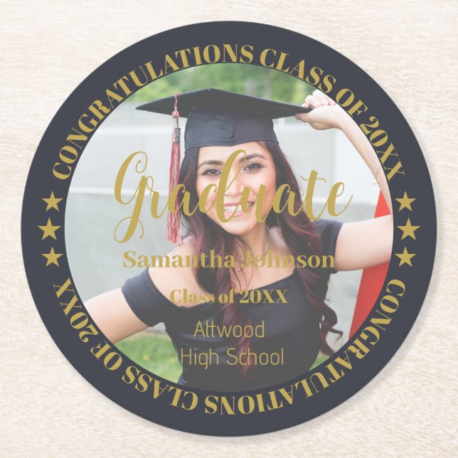 Graduate Gold Photo Round Paper Coaster (Front)
