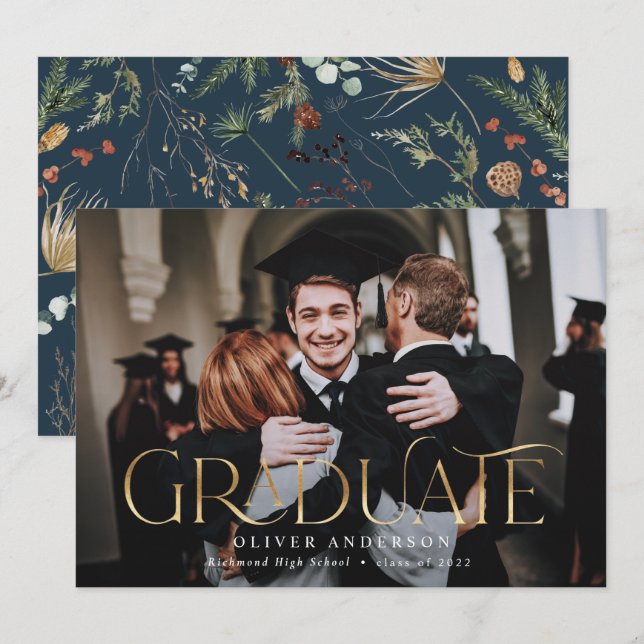 Graduate gold photo watercolor botanical floral an announcement (Front/Back)