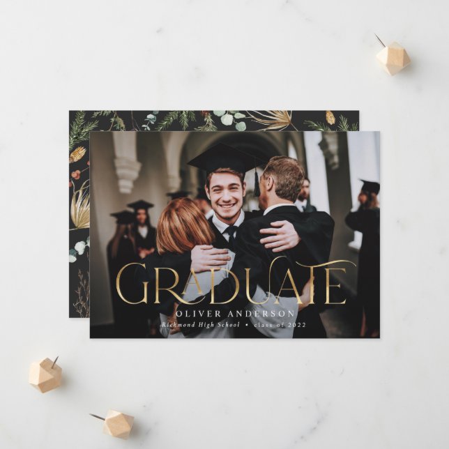Graduate gold photo watercolor botanical floral announcement (Front/Back In Situ)