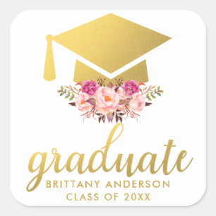 Graduate Gold Pink Watercolor Floral Square Sticker