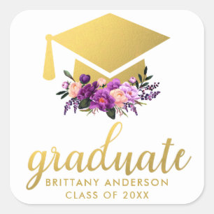 Graduate Gold Purple Watercolor Floral Square Sticker