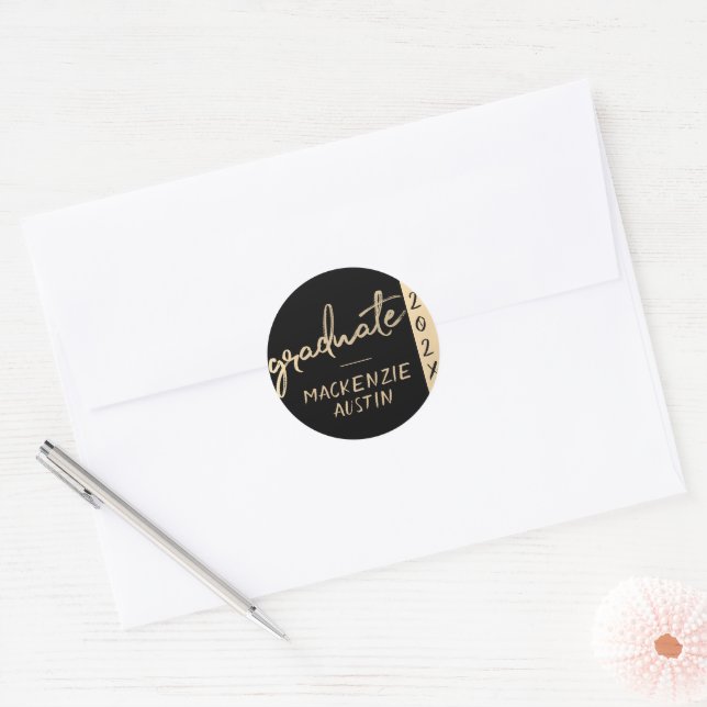 Graduate Gold Script | Classy Brush with Year Classic Round Sticker (Envelope)