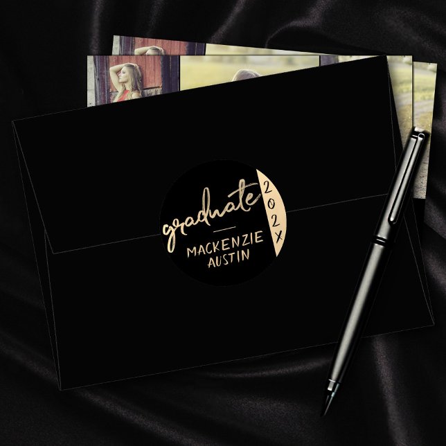 Graduate Gold Script | Classy Brush with Year Classic Round Sticker (Creator Uploaded)