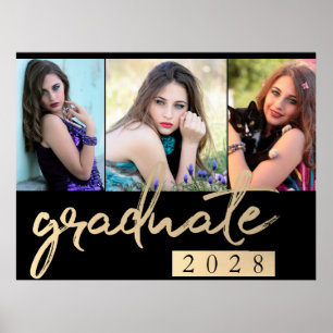 Graduate Gold Script   Elegant 3 Photo Keepsake Poster