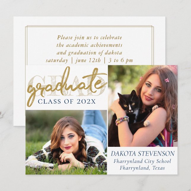 Graduate Gold Script | Elegant Grad 2 Photo Invitation (Front/Back)