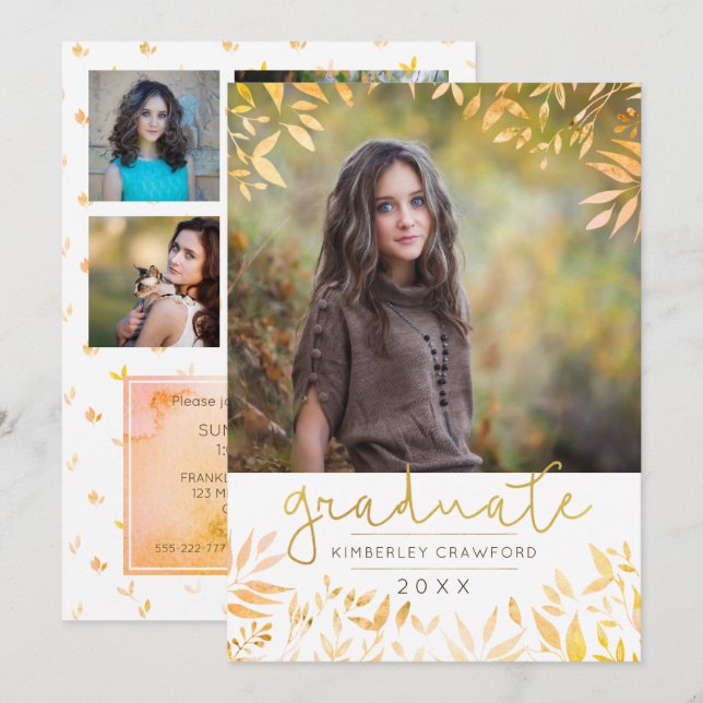 Graduate Gold Script Foliage Photo Collage Invitation (Front/Back)